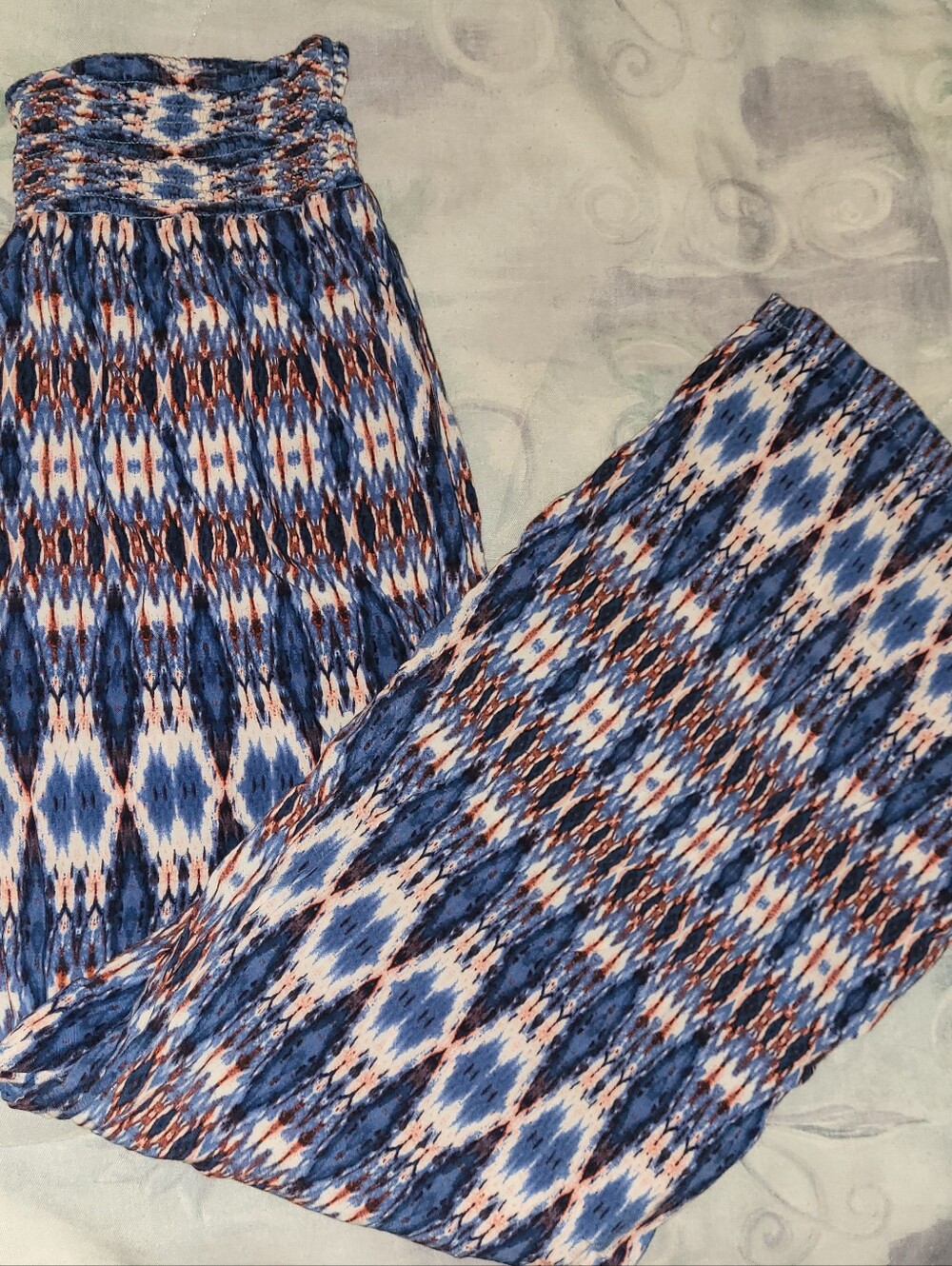 Joe Benbasset Blue and White Ikat Palazzo Pants with Rust Accents, Size M